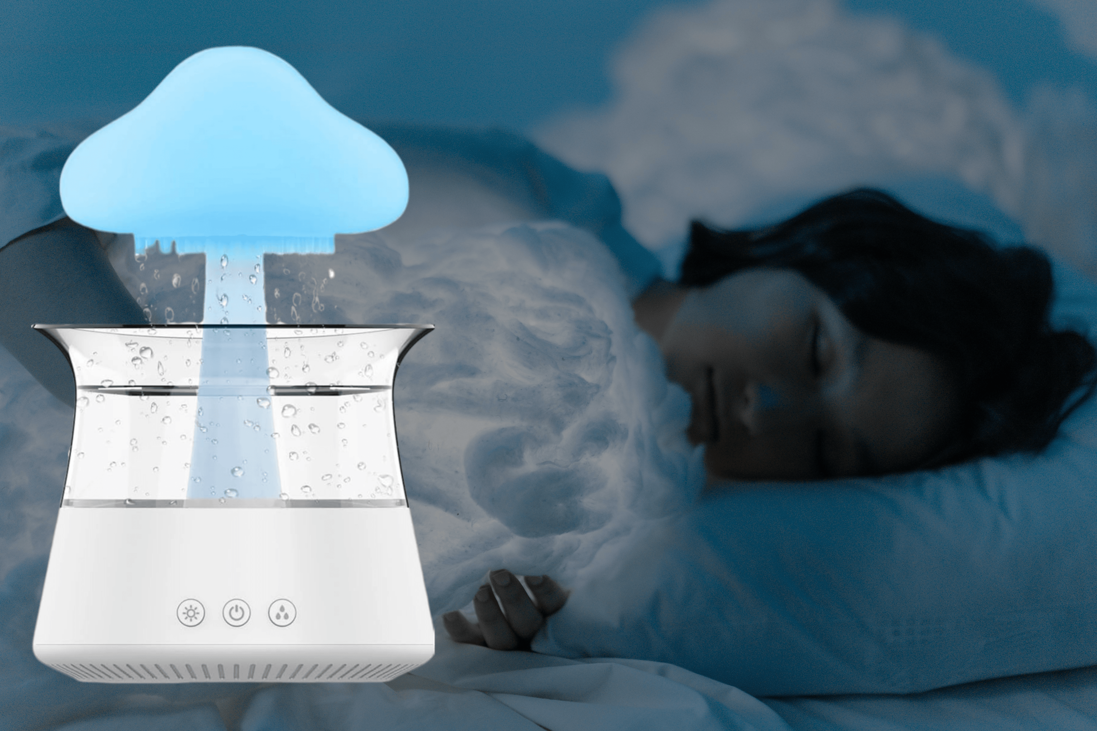 Rain-inspired humidifier with a calming mushroom light design placed in a cozy bedroom, while a woman sleeps peacefully in the background.